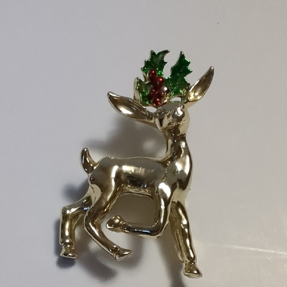 Gold Reindeer Brooch with Holly Accents